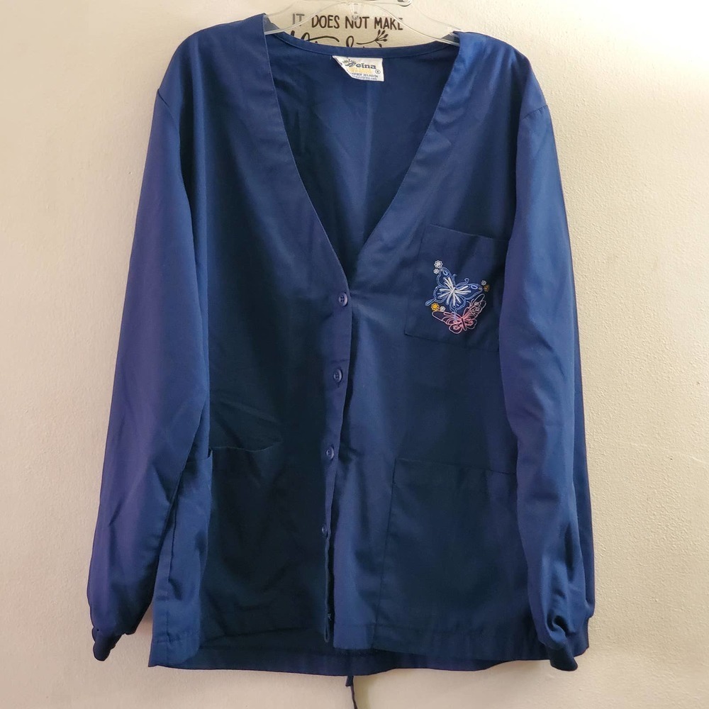 Reina Uniforms Blue Scrub Top Jacket Long Sleeve V-neck Small
